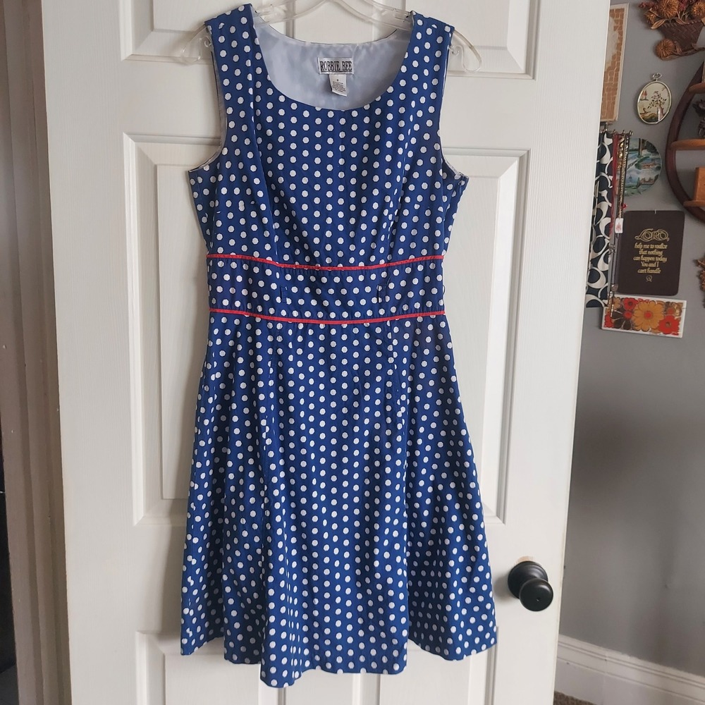 Robbie Bee Blue Polka Dot Midi Dress with White Dots and Red Trim